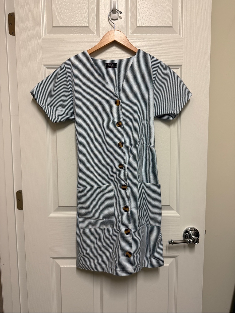 Striped Button-Front Short Sleeve Dress in Blue Stripes